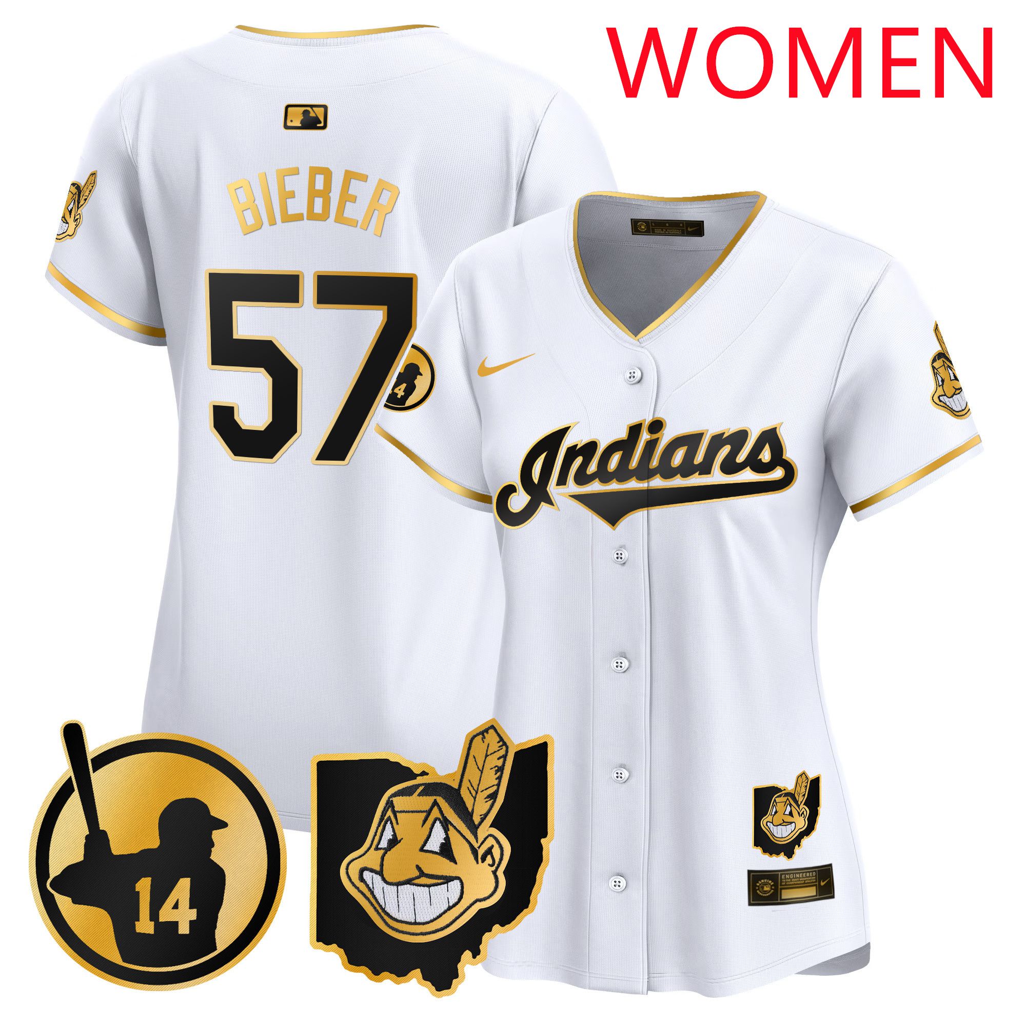 Women Cleveland Indians 57 Bieber White Nike 2025 Patch Vapor Premier Limited MLB Jersey